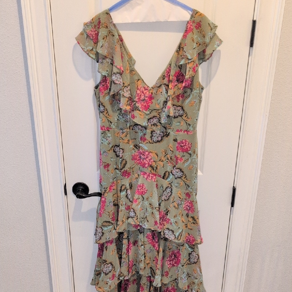 Wayf Sage Green Floral High-Low Ruffle Dress